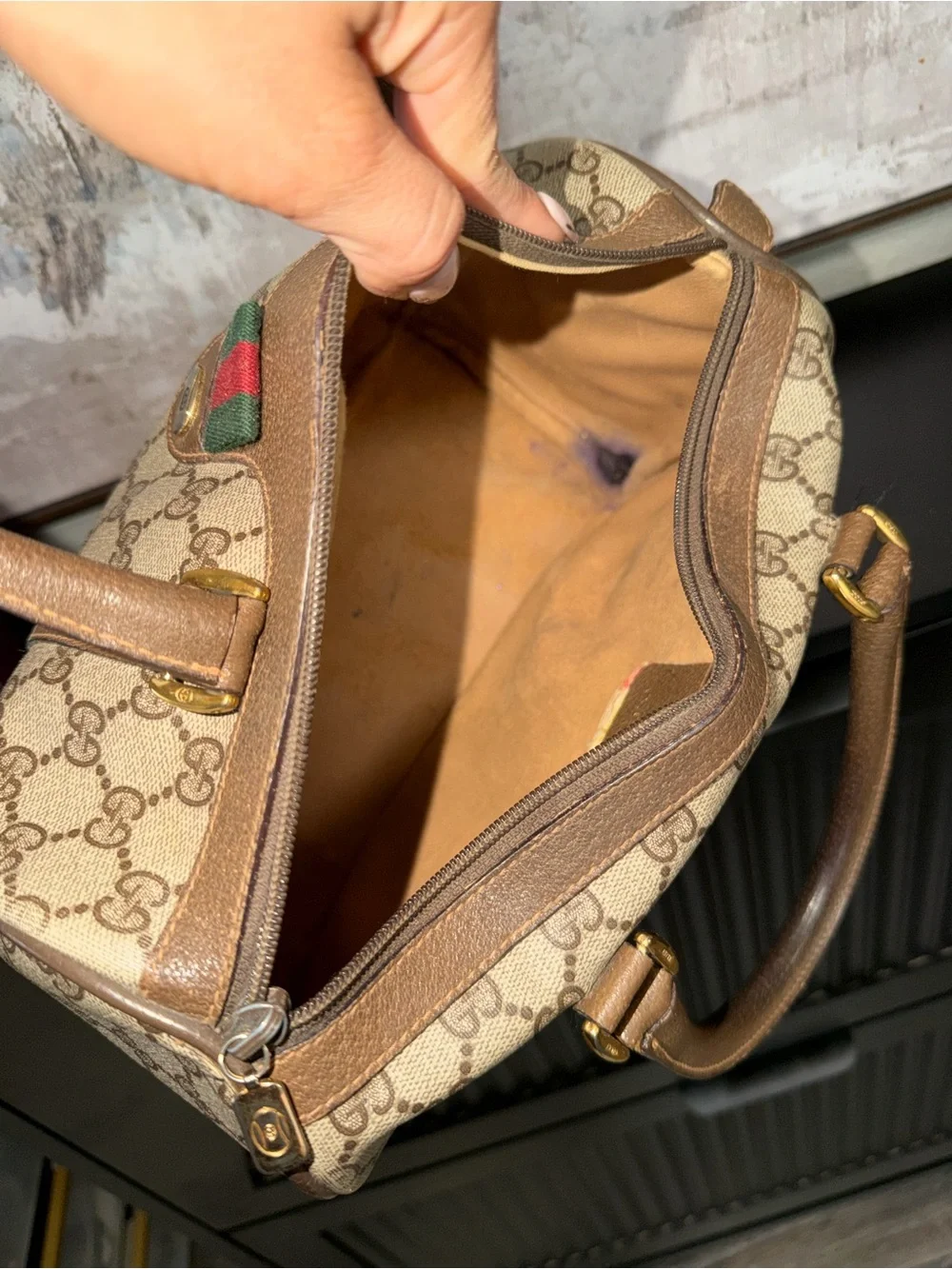 Gucci Beige GG Canvas Satchel with Brown Leather and Signature Web